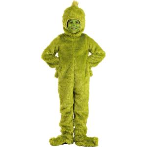 Dr. Seuss The Grinch Open Face Kid’s Costume, Faux Fur Jumpsuit, Shoe Covers & Gloves – Officially Licensed