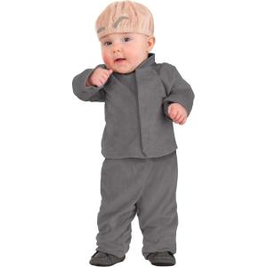 Evil Gray Suit Costume For Infants | Baby Henchman Outfit With Jacket, Pants, Soft Bald Cap Hat With Eyebrows