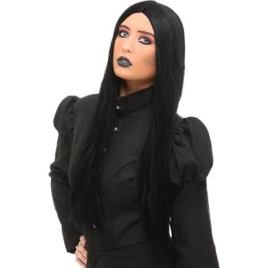 Fun Costumes Adult Deluxe Witch Wig – Long Black Synthetic Hair with Mesh Cap