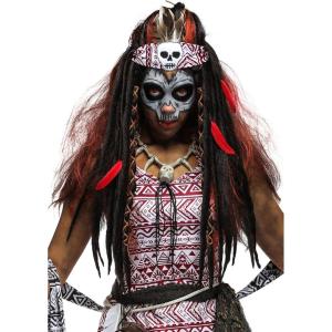 Fun Costumes Voodoo Witch Doctor Costume Wig for Women – Voodoo Priestess Cosplay Wig with Dreadlocks, Bandana & Feathers – Red, Standard(Standard)