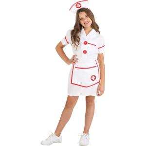 Girl’s Nurse Halloween Costume | White Polyester Poplin Dress With Red Accents, Includes Apron and Headband