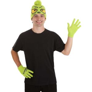 Grinch Hat & Gloves Set for Adults – Knit Hat with Pompom & Gloves