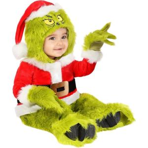 Infant Dr. Seuss Grinch Santa Claus Halloween Costume – Baby Grinch Hooded Jumpsuit, Attached Mitts & Shoe Covers