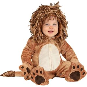 Infant Lion Onesie Costume, Baby Hooded Lion Costume with Yarn Mane and Tail Details, Attached Mitts and Booties