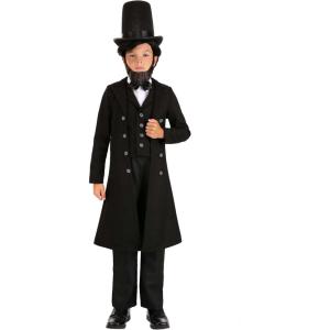 Kids Abraham Lincoln Halloween Costume | Black Jacket with Attached Vest, Hat, and Bow Tie | Classic President Outfit