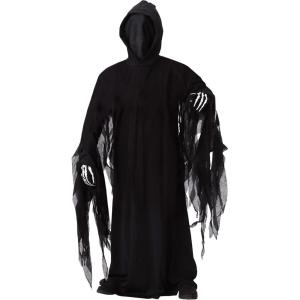 Kid’s Dark Reaper Halloween Costume, Child Grim Reaper Outfit, Black Robe, Blackout Hood, and Mesh Drape Sleeves