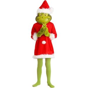 Kid’s Deluxe The Grinch Santa Costume with Mask – Faux Fur Tunic, Hat, and Gloves