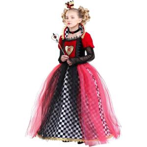 Kids Queen of Hearts Costume Girls, Black & Red Fancy Royal Dress Up For Halloween Outfit