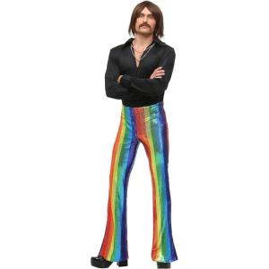 Men’s Disco King Costume – Rainbow Sequin Bell Bottom Pants – 70’s 80’s Groovy Hippie Disco Themed Party Outfit