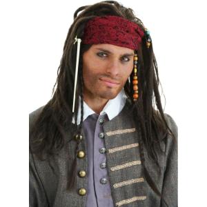 Realistic Pirate Wig for Adults | Curly Braided Caribbean Wigs & Bandana | Buccaneer Costume Accessory Set Standard Bundle(One Size)