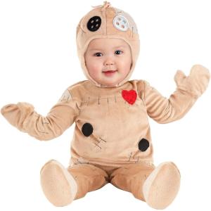 Spooky Voodoo Doll Costume for Infants – Plush Jumpsuit with Mitts, Booties, and Hood