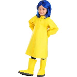 Toddler Coraline Costume | Little Girls Cosplay Yellow Hooded Rain Jacket Outfit with Boot Covers and Character Blue Wig