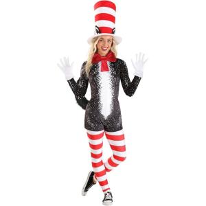 Women’s Cat In The Hat Costume | Sassy Dr. Seuss Storybook Character Printed Romper With Tail, Accessories