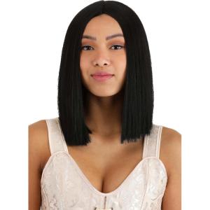 Women’s Deep Black Long Bob Wig – Middle Part Straight Shoulder Length Synthetic Cosplay Wig for Women(Black)