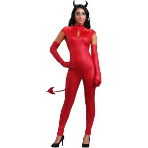 Women’s Devious Devil Costume – Jumpsuit with Tail, Horned Headband, Chest Slit, and Gloves