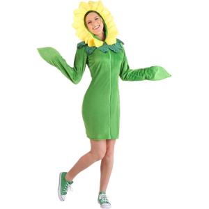 Womens Flower Hoodie Dress Outfit | Adult Sunflower Costume | Green Dress And Attached Yellow Flower Petals