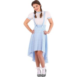 Women’s Kansas Girl High Low Costume – Blouse with Velvet Collar & Gingham Pinafore Skirt, Hi-Lo Design