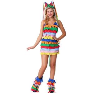 Womens Plus Size Adult Piñata Costume, Colorful Party Game Dress With Multicolored Fringe Headband And Boot Covers