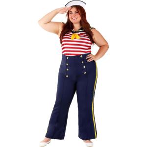 Women’s Plus Size Perfect Pin Up Sailor Costume – Tank Top, Pants with Gold Trim, and Hat