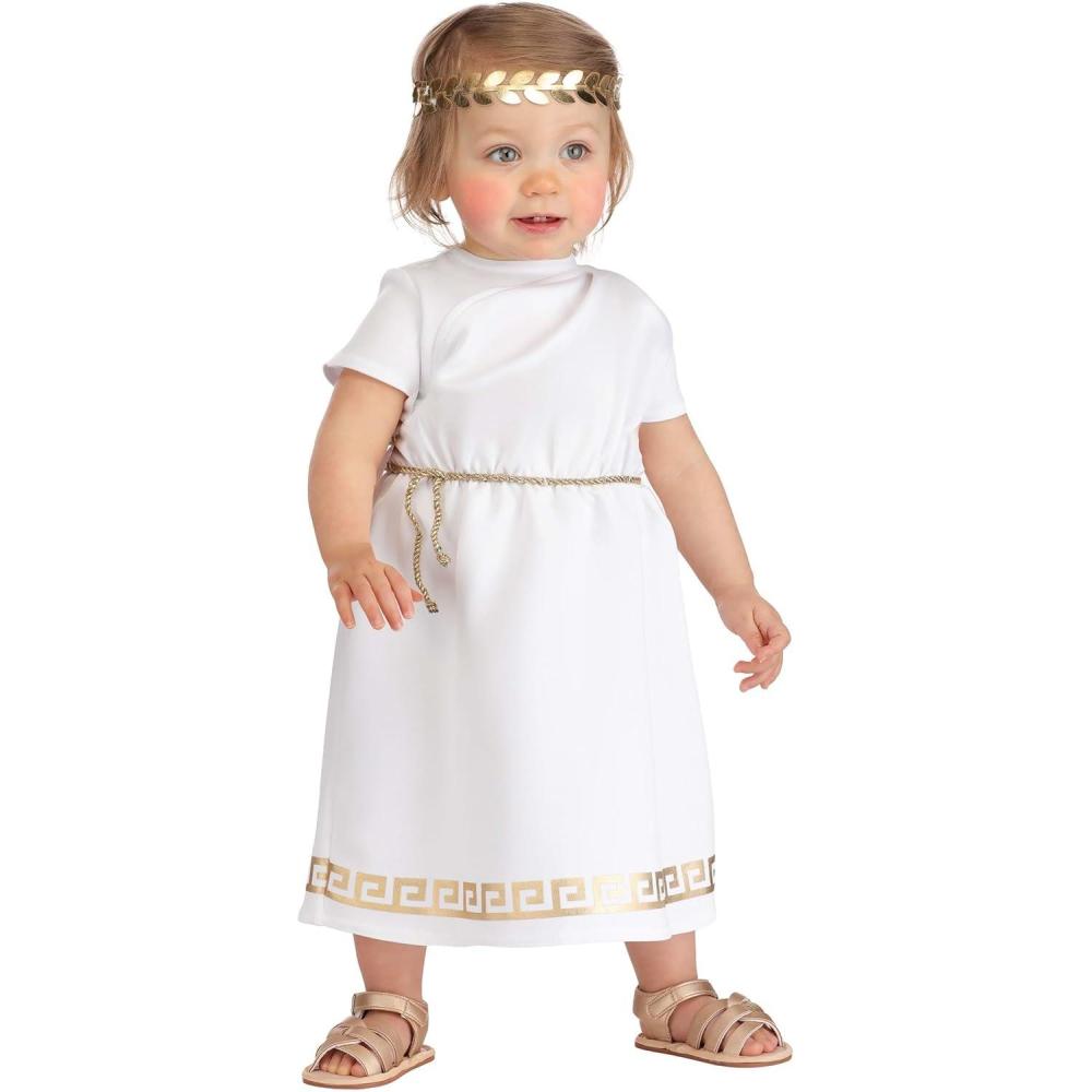 imageInfant Toga Costume for Baby  Ancient Greek Roman Mythology Themed Outfit White Dress with Leaf Headband and Cord Belt