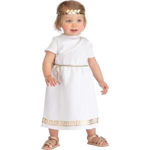 Infant Toga Costume for Baby – Ancient Greek Roman Mythology Themed Outfit, White Dress with Leaf Headband and Cord Belt