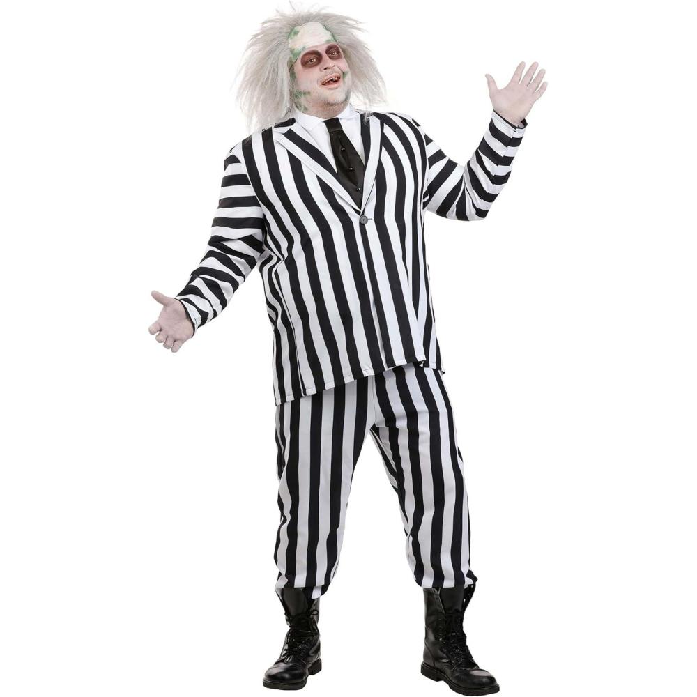 imagePlus Size Beetlejuice Costume for Adults Black ampamp White Striped Suit for 80s 90s Movie Cosplay ampamp Halloween 2X