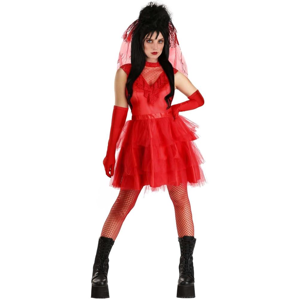 imageWomens Ghostly Red Wedding Dress Costume  Retro Gothic Beetle Bride Red Dress ampamp Veil