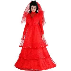 Adult Red Gothic Wedding Dress Womens, Undead Goth Bride Morbid Mortal Halloween Day of the Dead(Bundle W/ Wig)