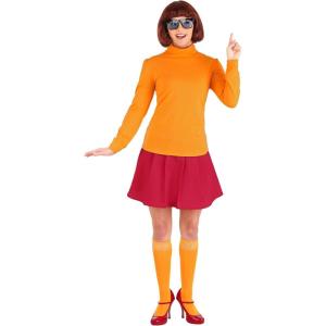 Scooby Doo Velma Costume for Women, Orange Turtleneck Sweater Pullover & Knee High Socks, Red Skirt & Glasses(Scooby Doo Velma Costume)