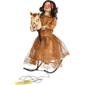 Fun Costumes 3.5 Ft Haunted Doll-Horse Animatronic, Creepy Dolls Halloween Decorations, Ancient Looking Rocking Horse, Red Glowing Eyes Halloween Decoration Standard