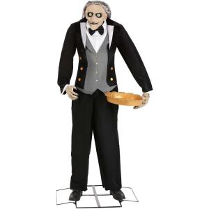 Fun Costumes 5.6ft Seasonal Visions Large Evil Greeter Butler Animatronic Decoration, Tall Lifelike Motion Activated Butler Halloween Prop Decoration Standard(ST)