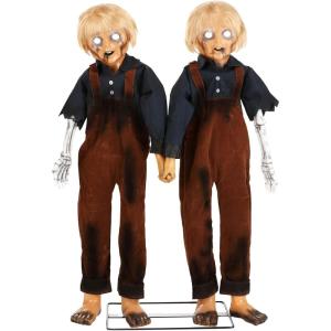 Fun Costumes Creepy Twin Boys Animatronic, Halloween Animatronic Metal Frame Plastic Heads Hands Feet, Scary Doll Decoration – Standard – Multicolor