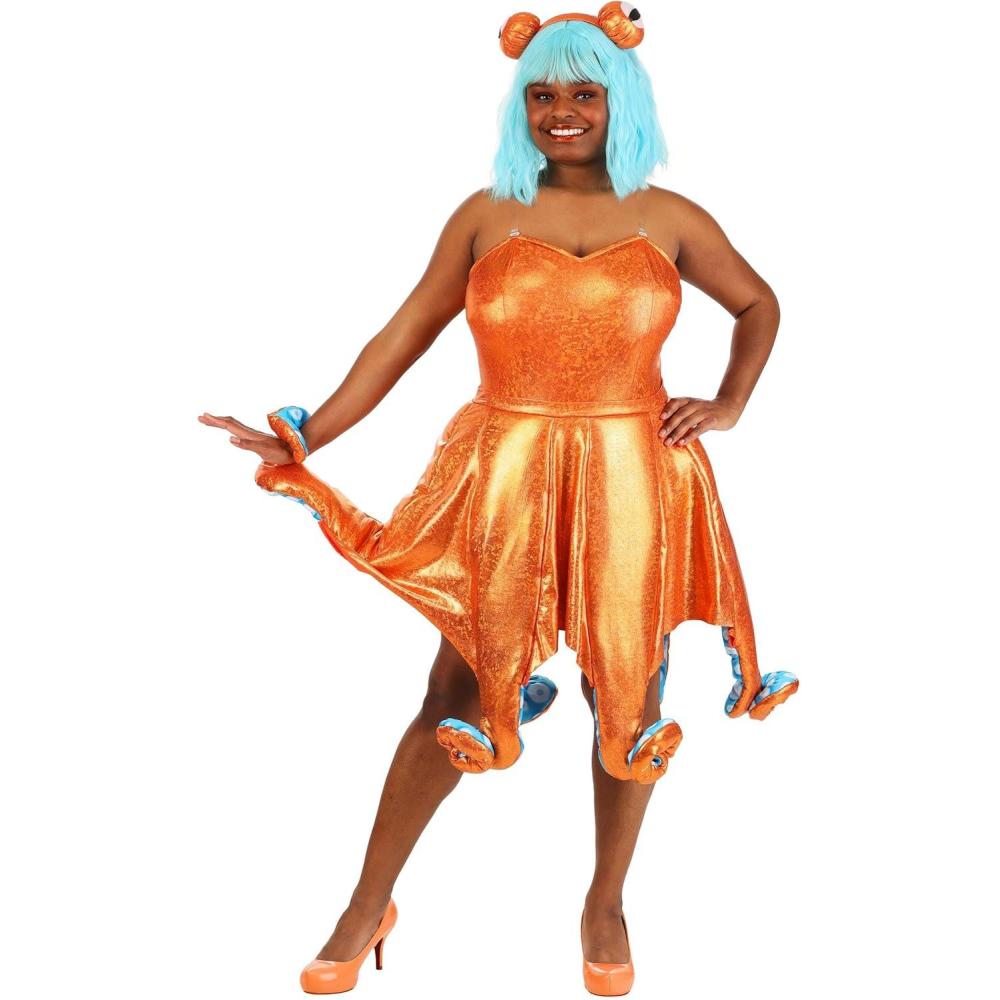 imageWomens Plus Size Iridescent Orange Octopus Costume Dress Sea Creature Outfit with Tentacle Skirt and OceanInspired Details 2X
