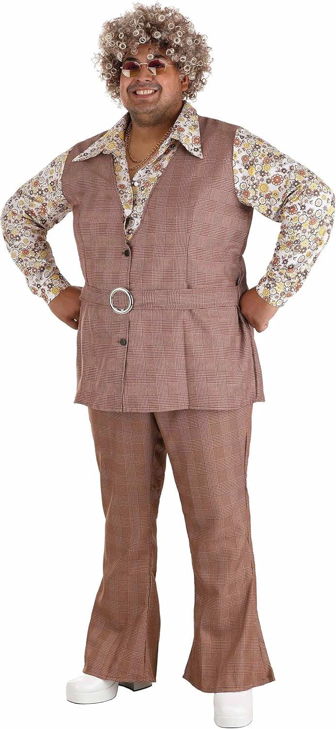 imageMens Plus Size 70s Vest Costume Adult Disco Hippie Outfit for Halloween Dance Vintage Floral Houndstooth Bellbottoms