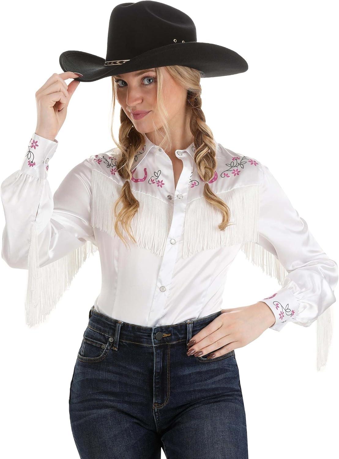 imageWomens Giddy up Cowgirl Costume Shirt with Pearl Snaps and Fringe Western Top for HalloweenWhite