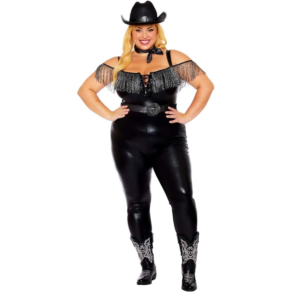 imageDreamgirl Womens Plus Size Honky Tonk Hottie Costume  Shiny OffShoulder Jumpsuit with Fringe and Metallic Accessories