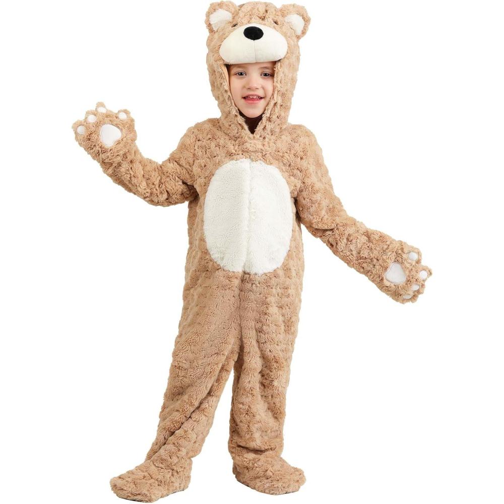 imageTeddy Bear Costume for Toddlers Plush Hooded Tan Bear Jumpsuit with Ears and Mitts Halloween Outfit 4T