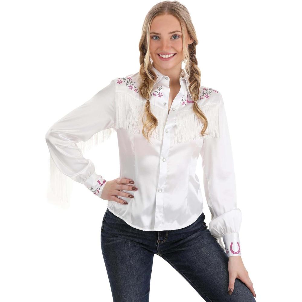 imageWomens Giddy up Cowgirl Costume Shirt with Pearl Snaps and Fringe Western Top for HalloweenWhite