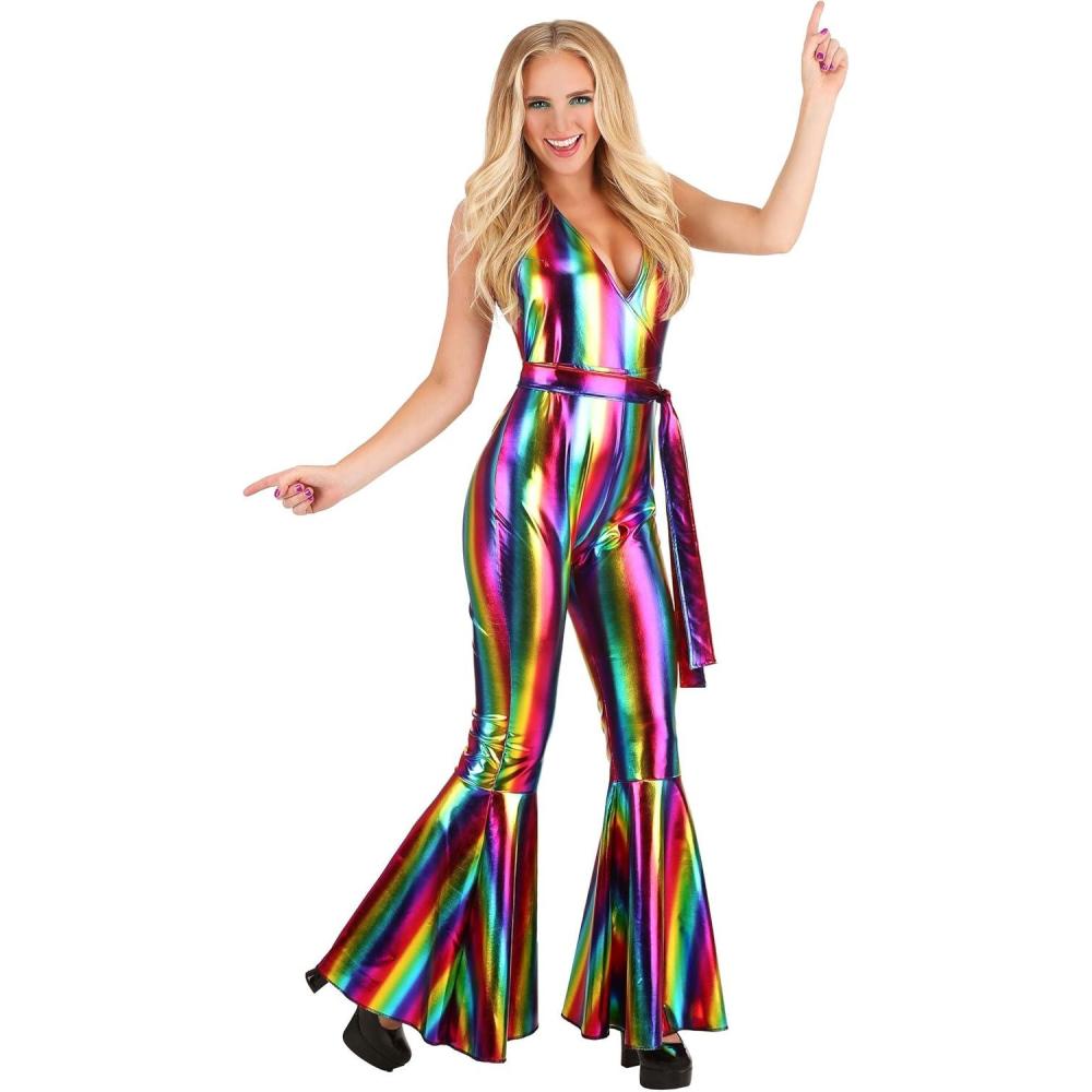 imageWomens Rainbow Rave Disco Costume  Colorful Metallic Jumpsuit ampamp Flared Pants  70s 80s OutfitsMulticolored