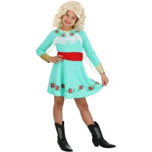 Girl’s Western Country Star Kid’s Costume, Nashville Diva Singer Blue Floral Dress for Character Cosplay