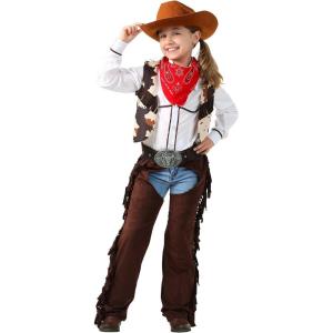 Kid’s Cowgirl Chaps Costume for Girls, Wild West Halloween Outfit, Multicolored Western Rodeo Party Dress Up