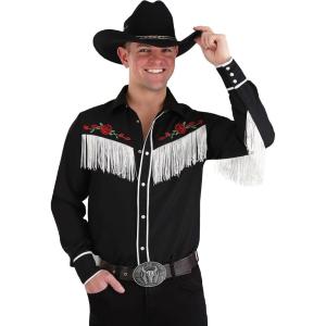 Men’s Western Costume Shirt – Fringe Detail and Pearl Snap Buttons(Black)