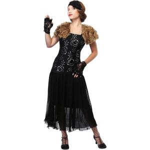 Women’s Charleston Flapper Costume – Lace Dress with Waist Sash, Collar, and Fingerless Gloves