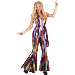 Women’s Rainbow Rave Disco Costume | Colorful Metallic Jumpsuit & Flared Pants | 70s 80s Outfits(Multi-colored)