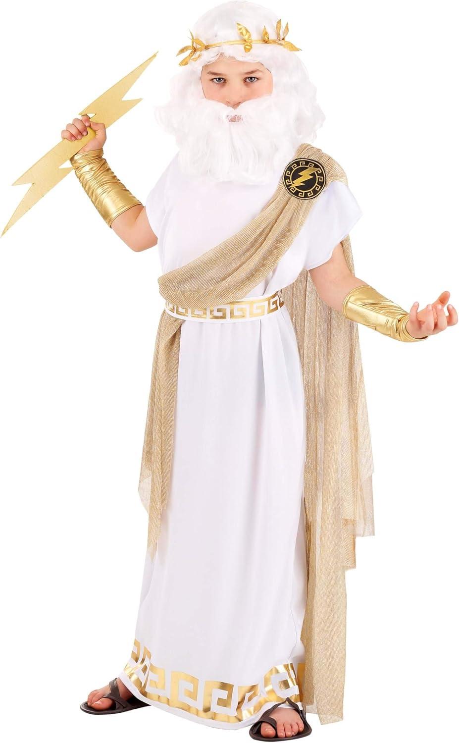 imageAncient Greece Kids Zeus Costume Tunic Drape Crown Belt Gauntlets