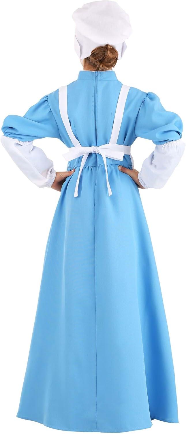 imageGirls Clara Barton Nurse Costume FullLength Blue Dress White Apron And Bonnet With Red Cross Symbol