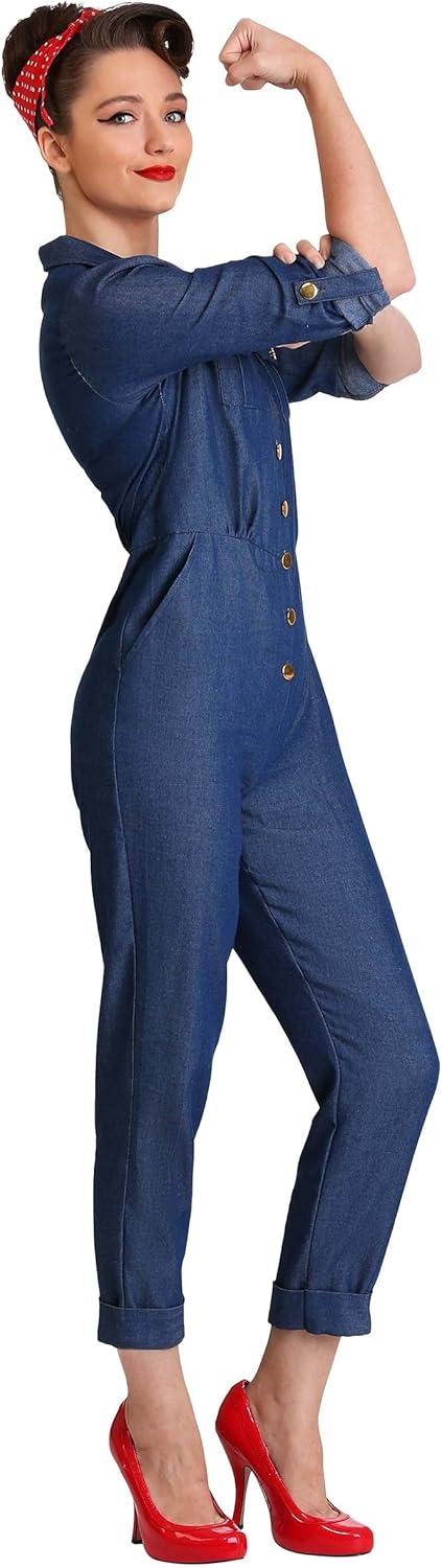 imageWorld War II Icon Costume for Women Rosie The Riveter Denim Coveralls Mechanic Jumpsuit for Halloween