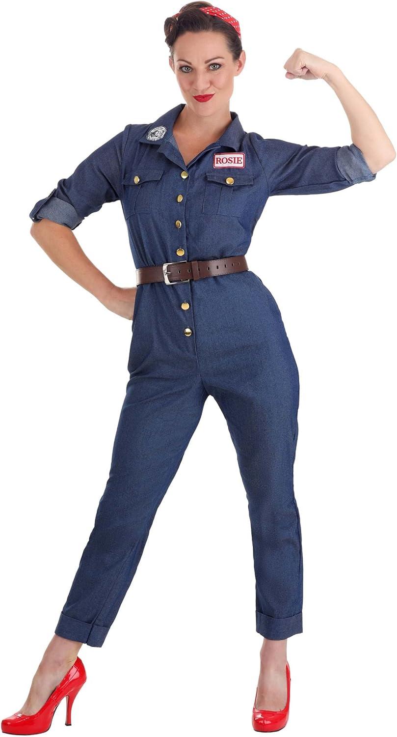imageWorld War II Icon Costume for Women Rosie The Riveter Denim Coveralls Mechanic Jumpsuit for Halloween