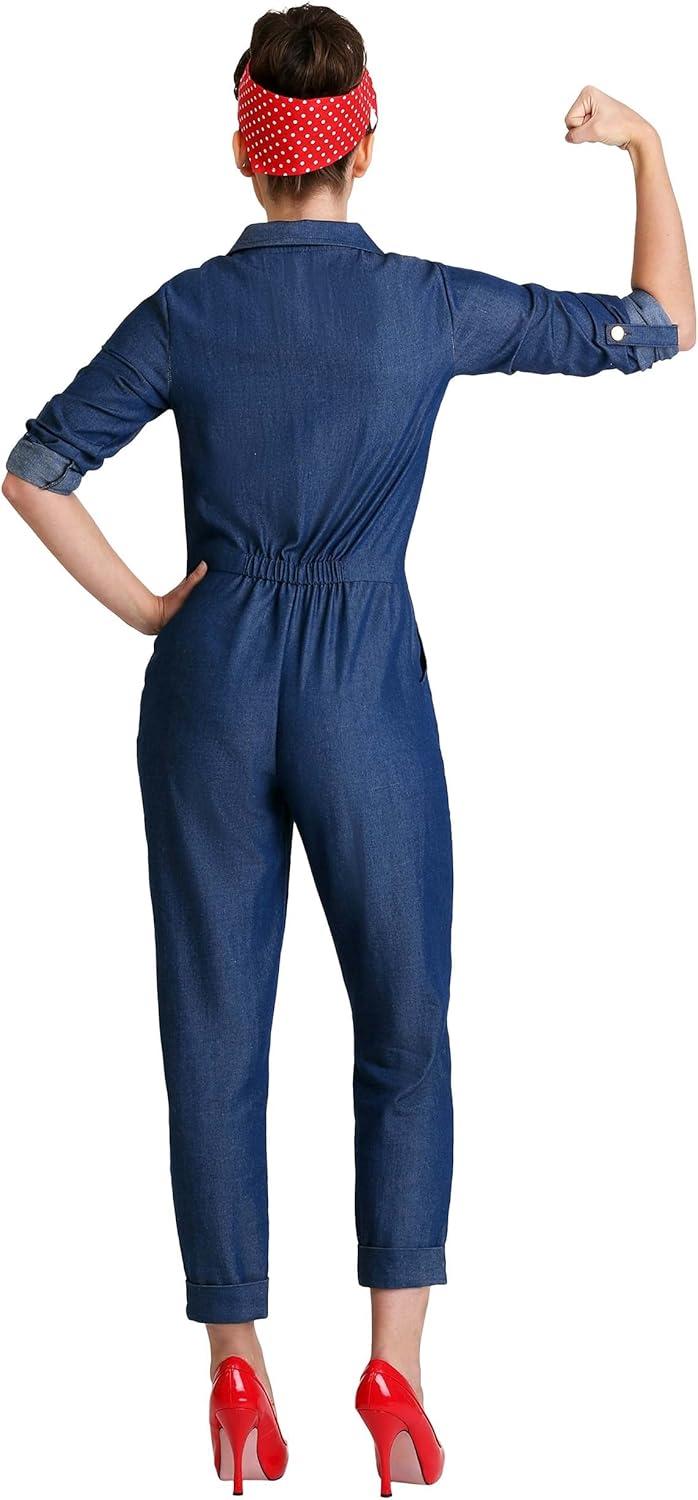 imageWorld War II Icon Costume for Women Rosie The Riveter Denim Coveralls Mechanic Jumpsuit for Halloween