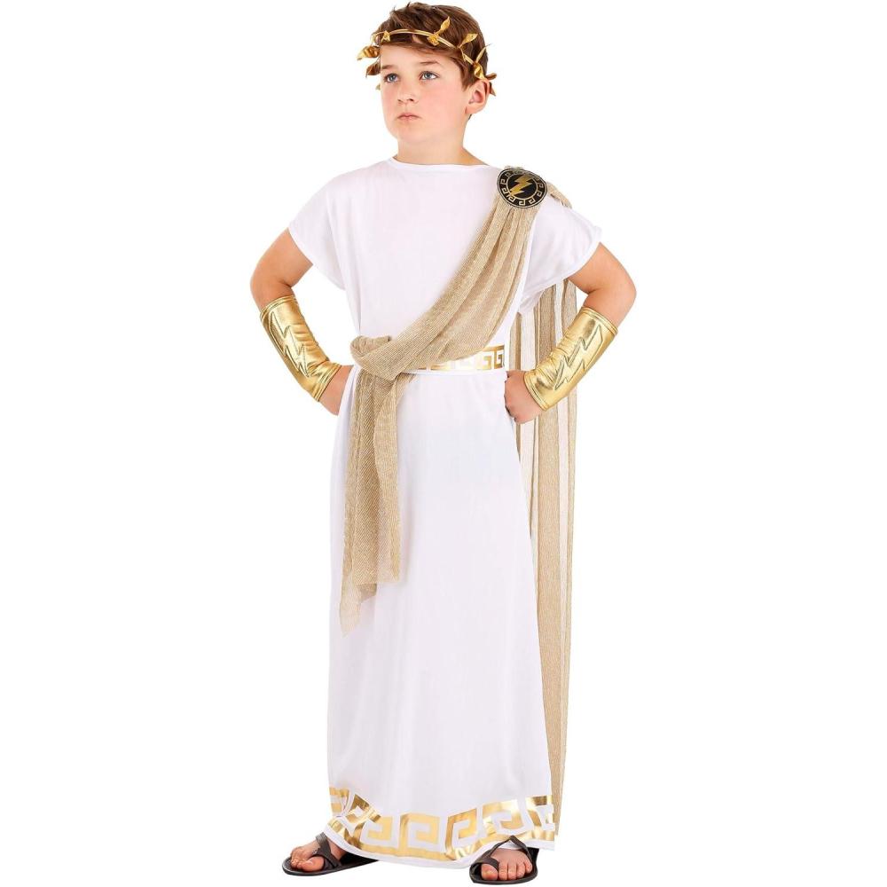imageAncient Greece Kids Zeus Costume Tunic Drape Crown Belt Gauntlets